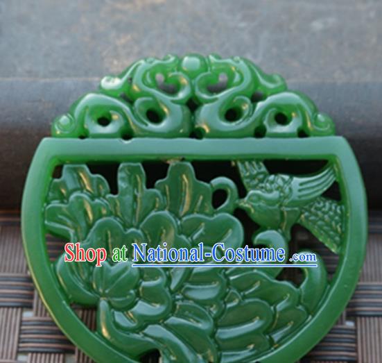 Handmade Chinese Ancient Green Jade Carving Peony Bird Pendant Traditional Jade Craft Jewelry Decoration Accessories