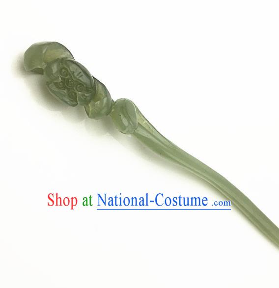 Chinese Handmade Green Jade Carving Lotus Hair Clip Ancient Jade Hairpins Hair Accessories for Women for Men