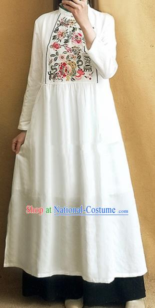 Traditional Chinese Tang Suit White Linen Cheongsam Embroidered Qipao Dress National Costume for Women