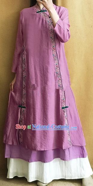 Traditional Chinese Tang Suit Embroidered Purple Cheongsam Linen Qipao Dress National Costume for Women