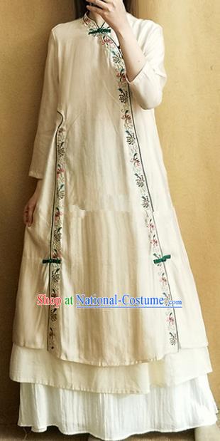 Traditional Chinese Tang Suit Embroidered Beige Cheongsam Linen Qipao Dress National Costume for Women