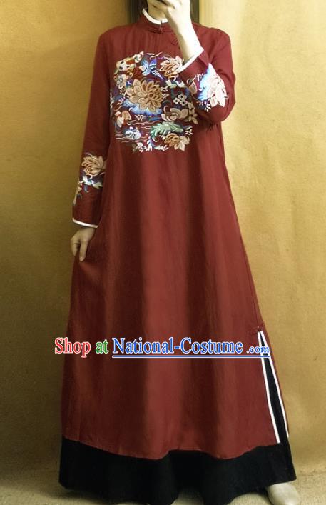 Traditional Chinese Tang Suit Embroidered Lotus Rust Red Cheongsam Linen Qipao Dress National Costume for Women