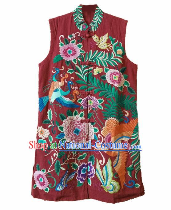 Traditional Chinese Embroidered Phoenix Peony Red Vest Upper Outer Garment Tang Suit Waistcoat National Costume for Women