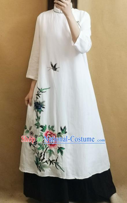 Traditional Chinese Tang Suit Embroidered Peony White Cheongsam Qipao Dress National Costume for Women