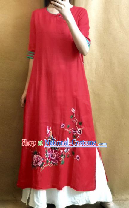 Traditional Chinese Embroidered Peony Red Cheongsam Tang Suit Qipao Dress National Costume for Women