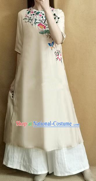 Traditional Chinese National Costume Tang Suit Embroidered Beige Cheongsam Qipao Dress for Women