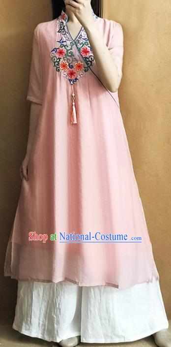 Traditional Chinese National Costume Tang Suit Embroidered Pink Qipao Dress for Women