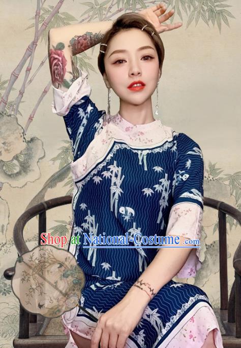 Traditional Chinese Printing Bamboo Royalblue Cheongsam Tang Suit Qipao Dress National Costume for Women