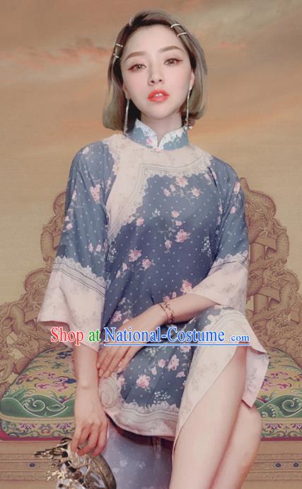 Traditional Chinese Printing Blue Cheongsam Tang Suit Qipao Dress National Costume for Women