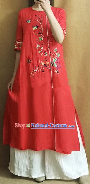 Traditional Chinese Embroidered Peony Red Cheongsam Qipao Dress Tang Suit National Costume for Women