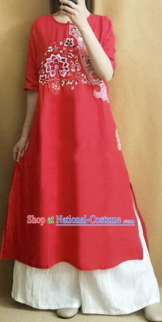 Traditional Chinese Embroidered Lotus Red Cheongsam Qipao Dress Tang Suit National Costume for Women