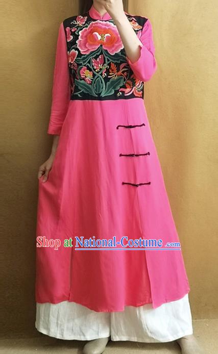 Traditional Chinese Embroidered Peony Cheongsam Plated Buttons Pink Qipao Dress Tang Suit National Costume for Women