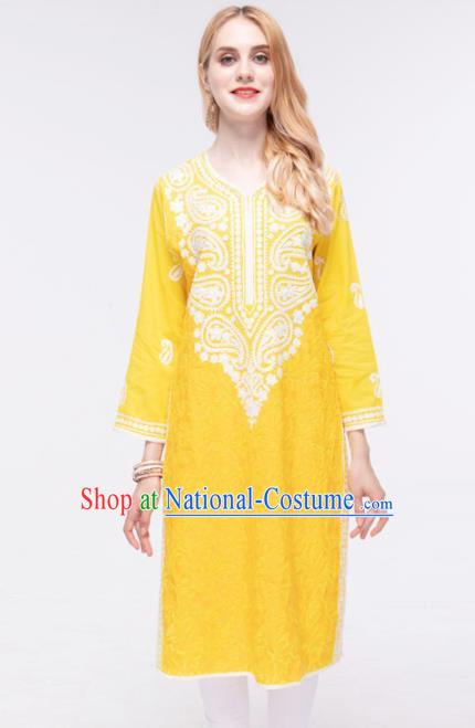 South Asian India Traditional Yoga Costumes Asia Indian National Punjabi Bright Yellow Blouse and Pants for Women