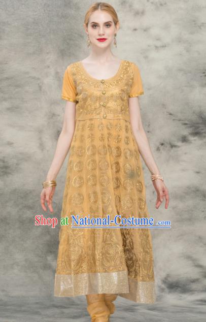 South Asian India Traditional Yoga Costumes Asia Indian National Punjabi Golden Veil Dress and Pants for Women