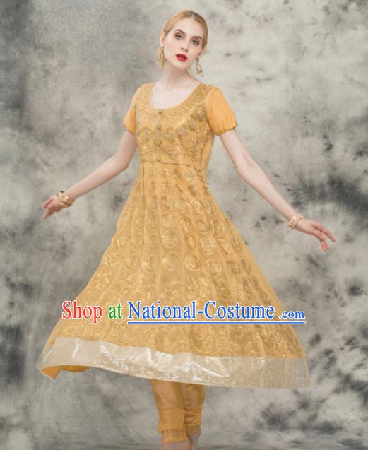 South Asian India Traditional Yoga Costumes Asia Indian National Punjabi Golden Veil Dress and Pants for Women