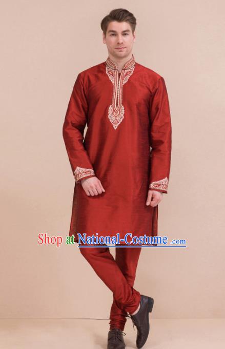 South Asian India Traditional Costume Purplish Red Coat and Pants Asia Indian National Suit for Men