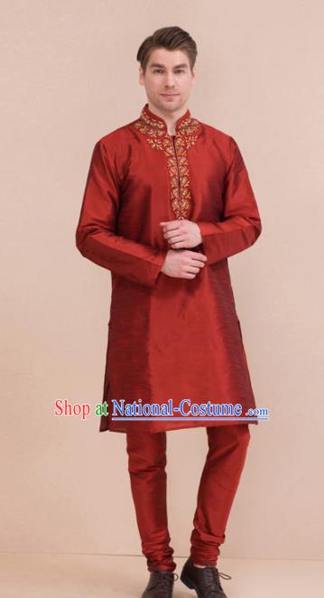 South Asian India Traditional Costume Red Coat and Pants Asia Indian National Suit for Men