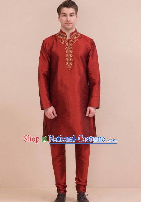 South Asian India Traditional Costume Red Coat and Pants Asia Indian National Suit for Men