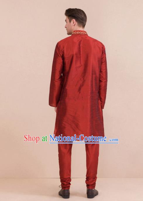 South Asian India Traditional Costume Red Coat and Pants Asia Indian National Suit for Men