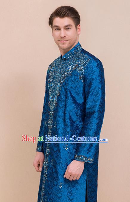 South Asian India Traditional Costume Peacock Blue Coat and Pants Asia Indian National Suit for Men