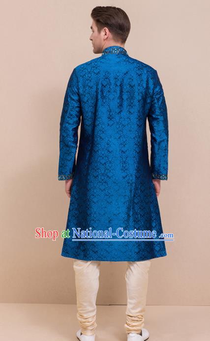 South Asian India Traditional Costume Peacock Blue Coat and Pants Asia Indian National Suit for Men