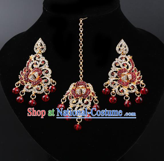 Asian India Traditional Wedding Jewelry Accessories Indian Bollywood Red Crystal Tassel Earrings and Eyebrows Pendant for Women