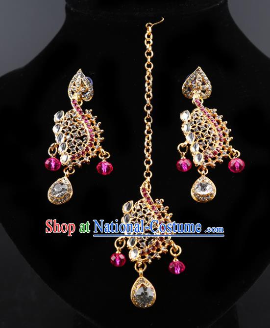 Indian Bollywood Wedding Rosy Crystal Earrings and Eyebrows Pendant India Traditional Court Princess Jewelry Accessories for Women