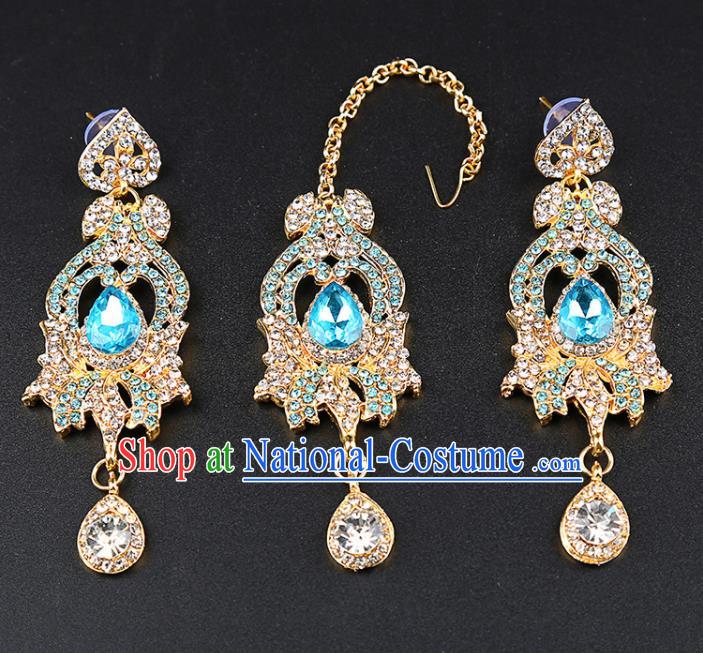 Indian Traditional Wedding Blue Crystal Earrings and Eyebrows Pendant India Bollywood Court Princess Jewelry Accessories for Women