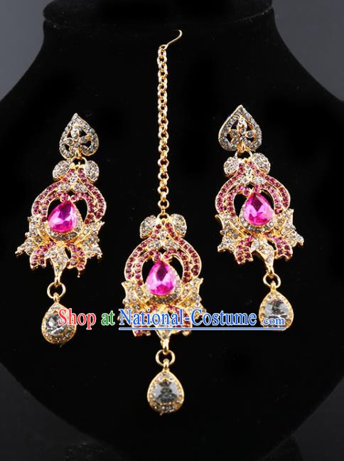 Indian Traditional Wedding Pink Crystal Earrings and Eyebrows Pendant India Bollywood Court Princess Jewelry Accessories for Women