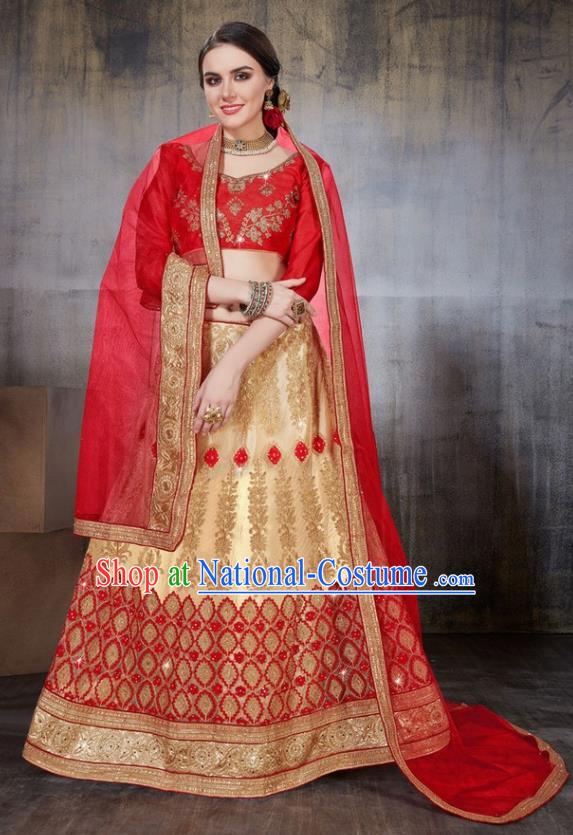 Asian India Traditional Wedding Embroidered Golden Sari Dress Indian Bollywood Court Bride Costume Complete Set for Women