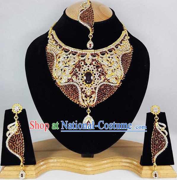 Indian Traditional Bollywood Court Purple Crystal Necklace Earrings and Eyebrows Pendant India Princess Jewelry Accessories for Women