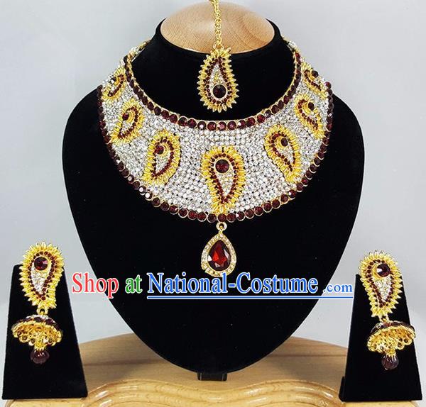 Indian Traditional Bollywood Court Red Crystal Necklace Earrings and Eyebrows Pendant India Princess Jewelry Accessories for Women