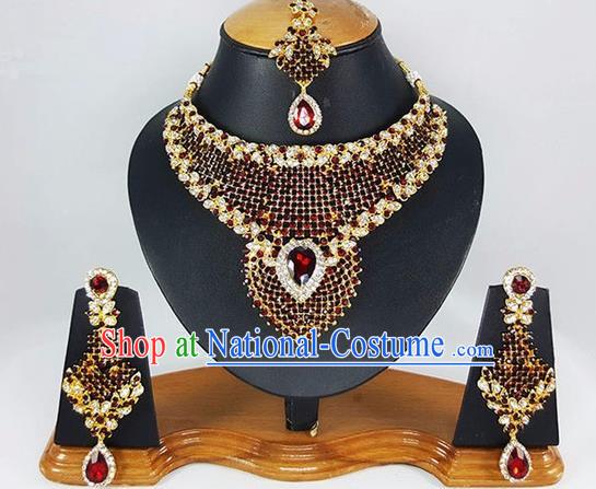 Indian Traditional Bollywood Court Red Gem Necklace Earrings and Eyebrows Pendant India Princess Jewelry Accessories for Women