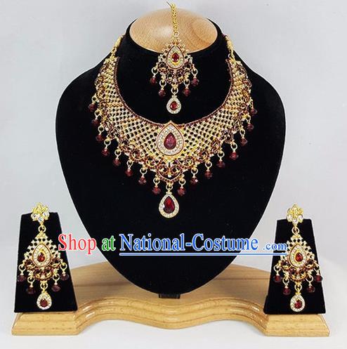 Indian Traditional Bollywood Purple Crystal Tassel Necklace Earrings and Eyebrows Pendant India Princess Jewelry Accessories for Women