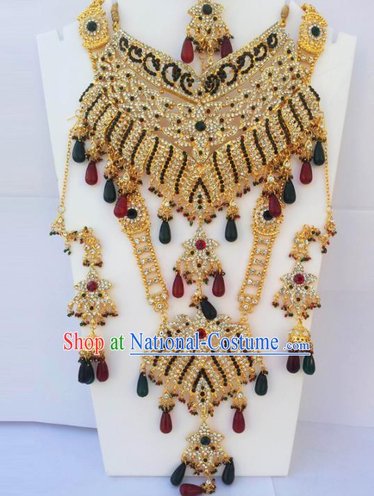 Traditional Indian Wedding Jewelry Accessories Bollywood Court Princess Colorful Beads Necklace Earrings and Hair Clasp for Women