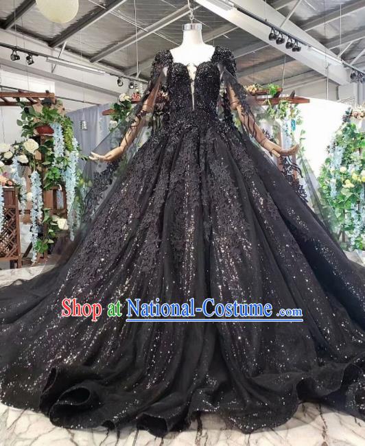 Top Grade Customize Embroidered Black Lace Full Dress Court Princess Waltz Dance Costume for Women