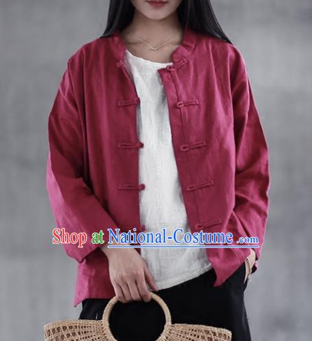 Chinese Traditional National Costume Wine Red Linen Shirt Tang Suit Upper Outer Garment for Women