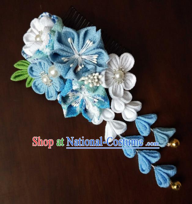 Traditional Japan Geisha Blue Sakura Tassel Hair Claw Japanese Kimono Hair Accessories for Women