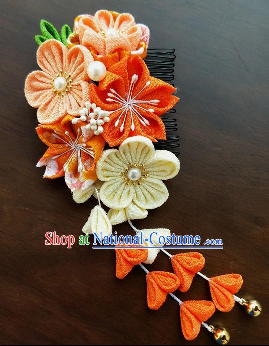 Traditional Japan Geisha Orange Sakura Tassel Hair Comb Japanese Kimono Hair Accessories for Women