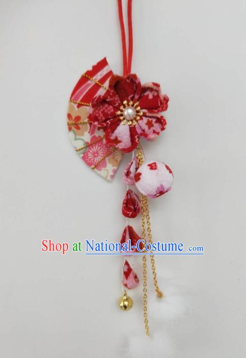 Traditional Japan Geisha Red Sakura Fan Tassel Hair Claw Japanese Kimono Hair Accessories for Women