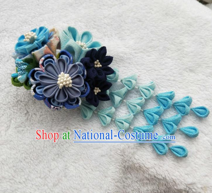 Traditional Japanese Hair Accessories Japan Geisha Kimono Blue Silk Flowers Tassel Hair Claw for Women