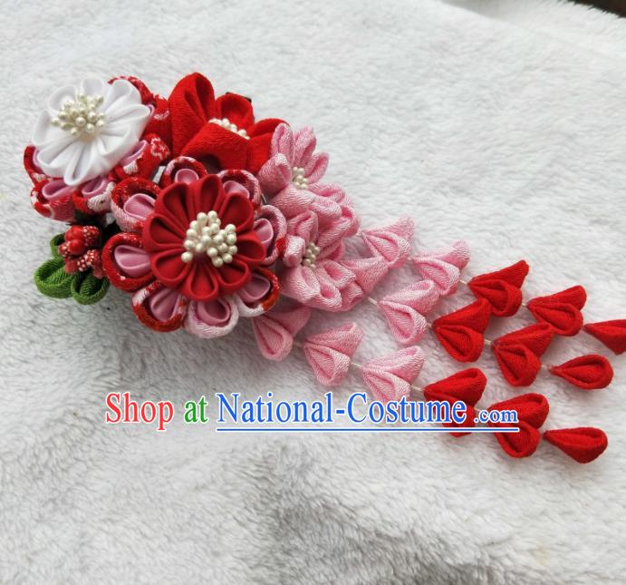 Traditional Japanese Hair Accessories Japan Geisha Kimono Pink Silk Flowers Tassel Hair Claw for Women