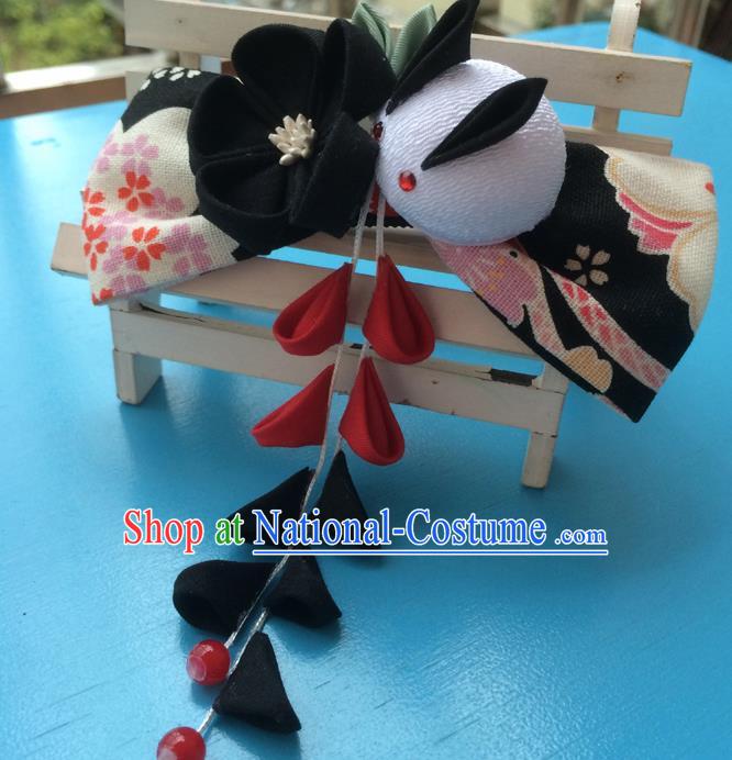 Traditional Japan Black Bowknot Rabbit Tassl Hair Claw Japanese Kimono Hair Accessories for Women