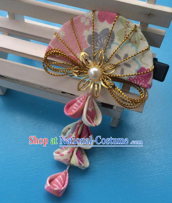 Traditional Japan Pink Fan Tassel Hair Claw Japanese Kimono Hair Accessories for Women