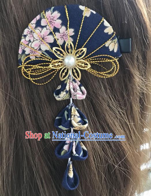 Traditional Japan Deep Blue Fan Tassel Hair Claw Japanese Kimono Hair Accessories for Women