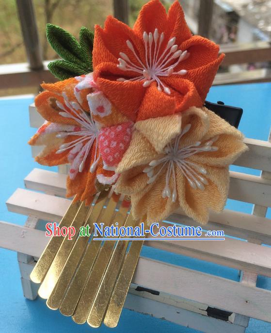 Traditional Japan Orange Sakura Tassel Hair Claw Japanese Kimono Hair Accessories for Women