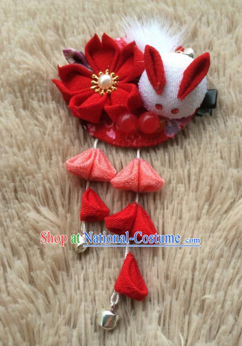 Traditional Japan Red Sakura Rabbit Tassel Hair Stick Japanese Kimono Hair Accessories for Women