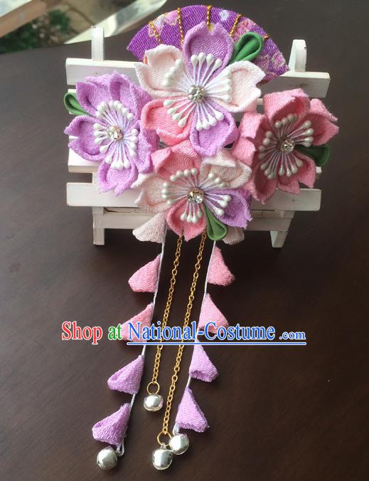 Traditional Japan Purple Fan Sakura Tassel Hair Stick Japanese Kimono Hair Accessories for Women