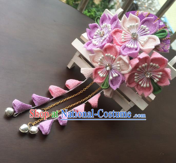 Traditional Japan Purple Fan Sakura Tassel Hair Stick Japanese Kimono Hair Accessories for Women