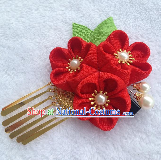 Traditional Japan Red Silk Sakura Tassel Hair Stick Japanese Kimono Hair Accessories for Women